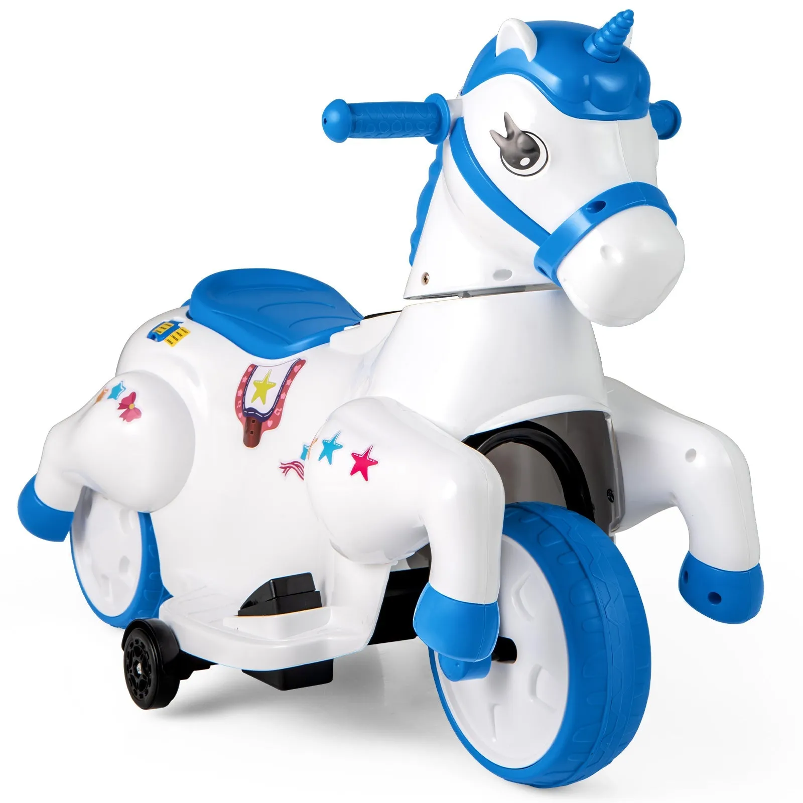 12V Unicorn Ride on Toy with Training Wheels for Kids-Blue and White