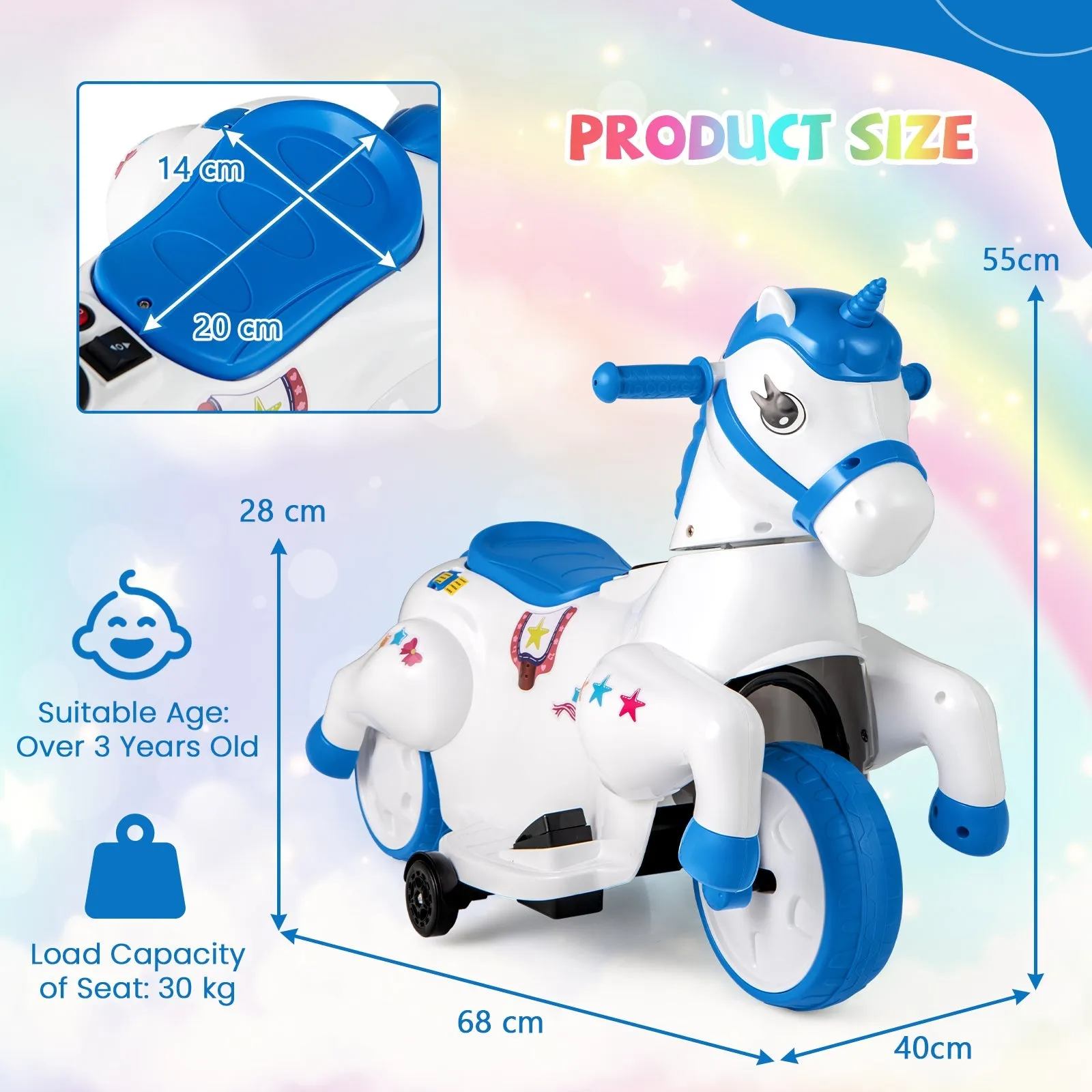 12V Unicorn Ride on Toy with Training Wheels for Kids-Blue and White