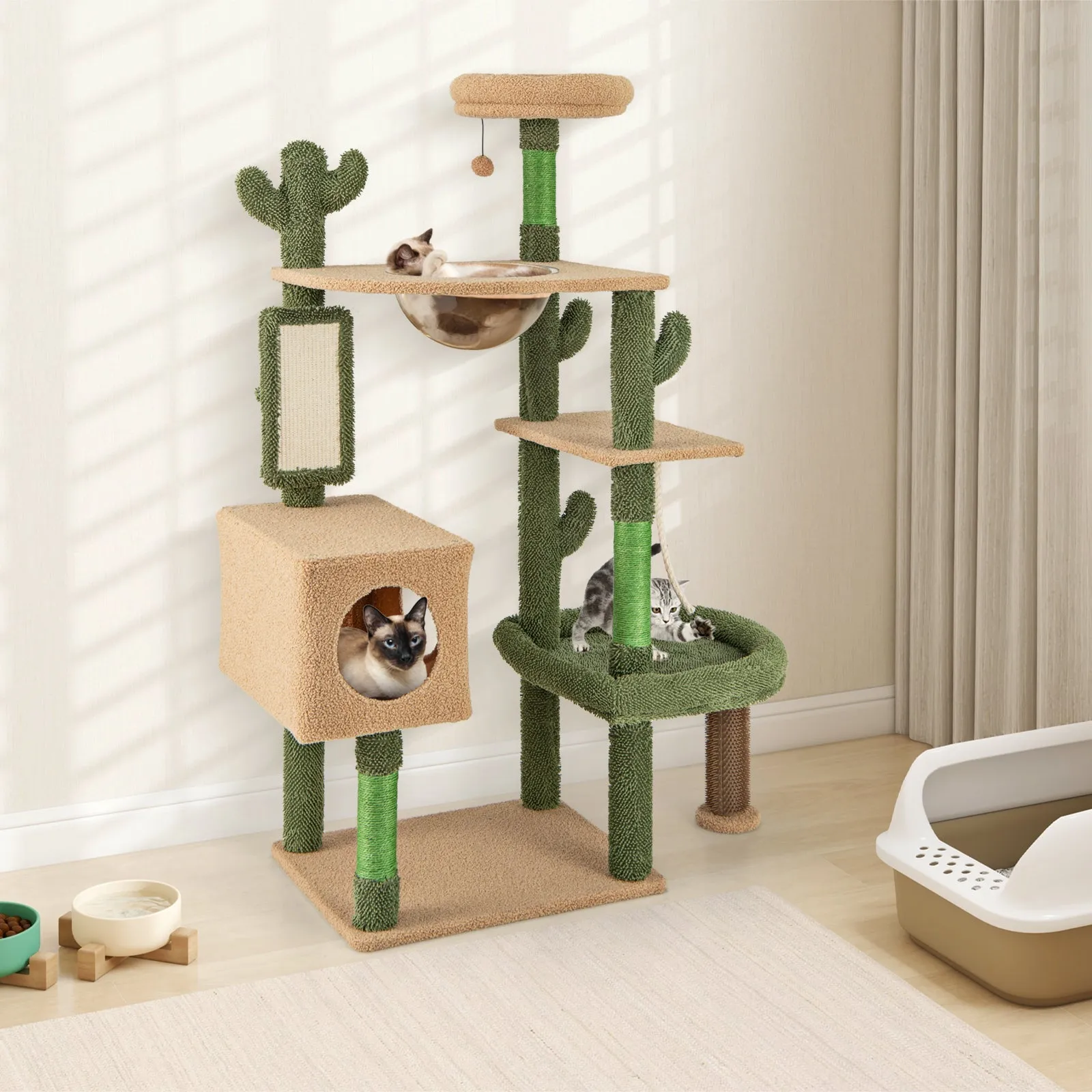 150 cm Multi-level Cactus Cat Tree for Indoor Cats-Green