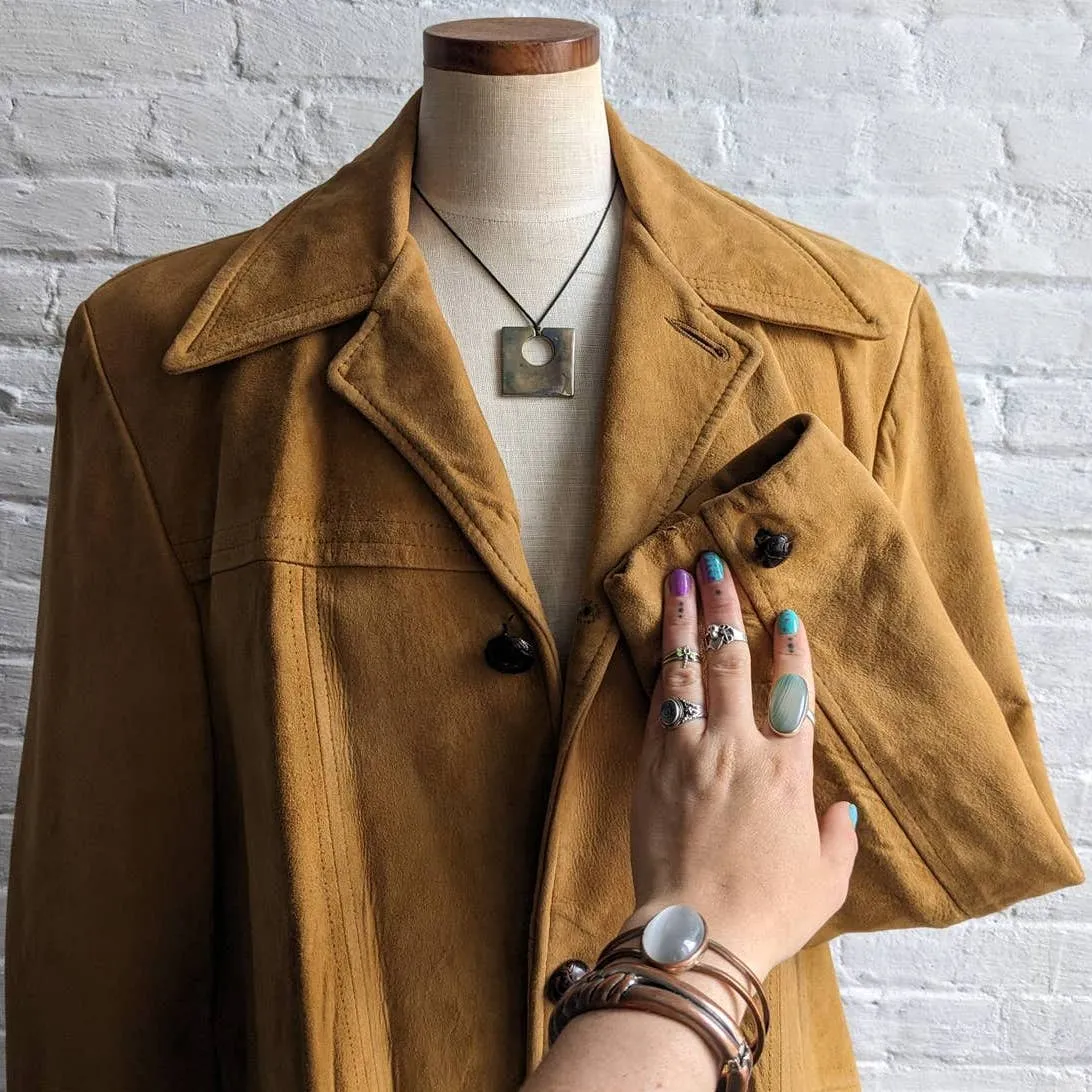 70s Vintage Western Minimalist Suede Blazer Warm Caramel Leather Cowgirl Jacket