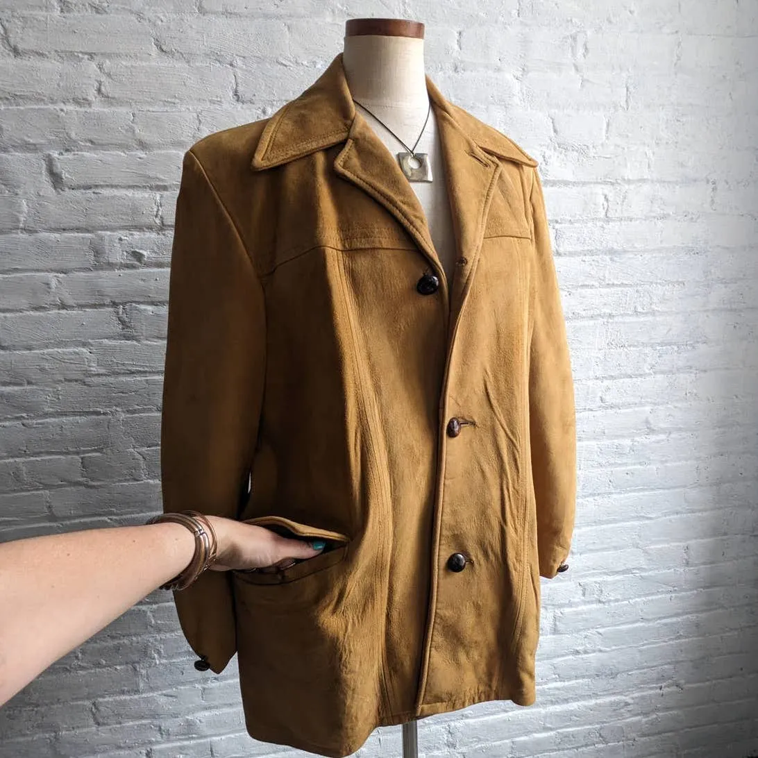 70s Vintage Western Minimalist Suede Blazer Warm Caramel Leather Cowgirl Jacket