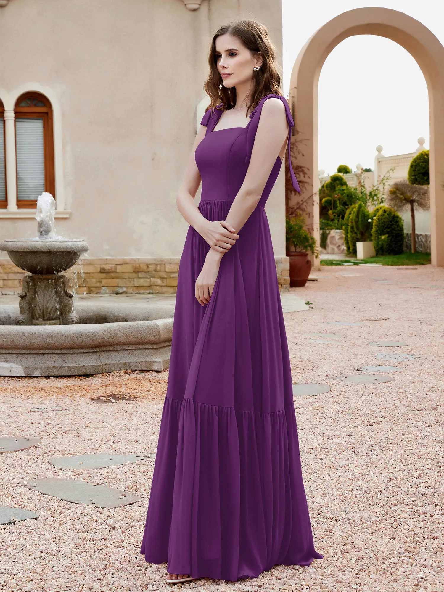 A-Line Bow Ruffle Sleeveless Chiffon Dress Grape Plus Size