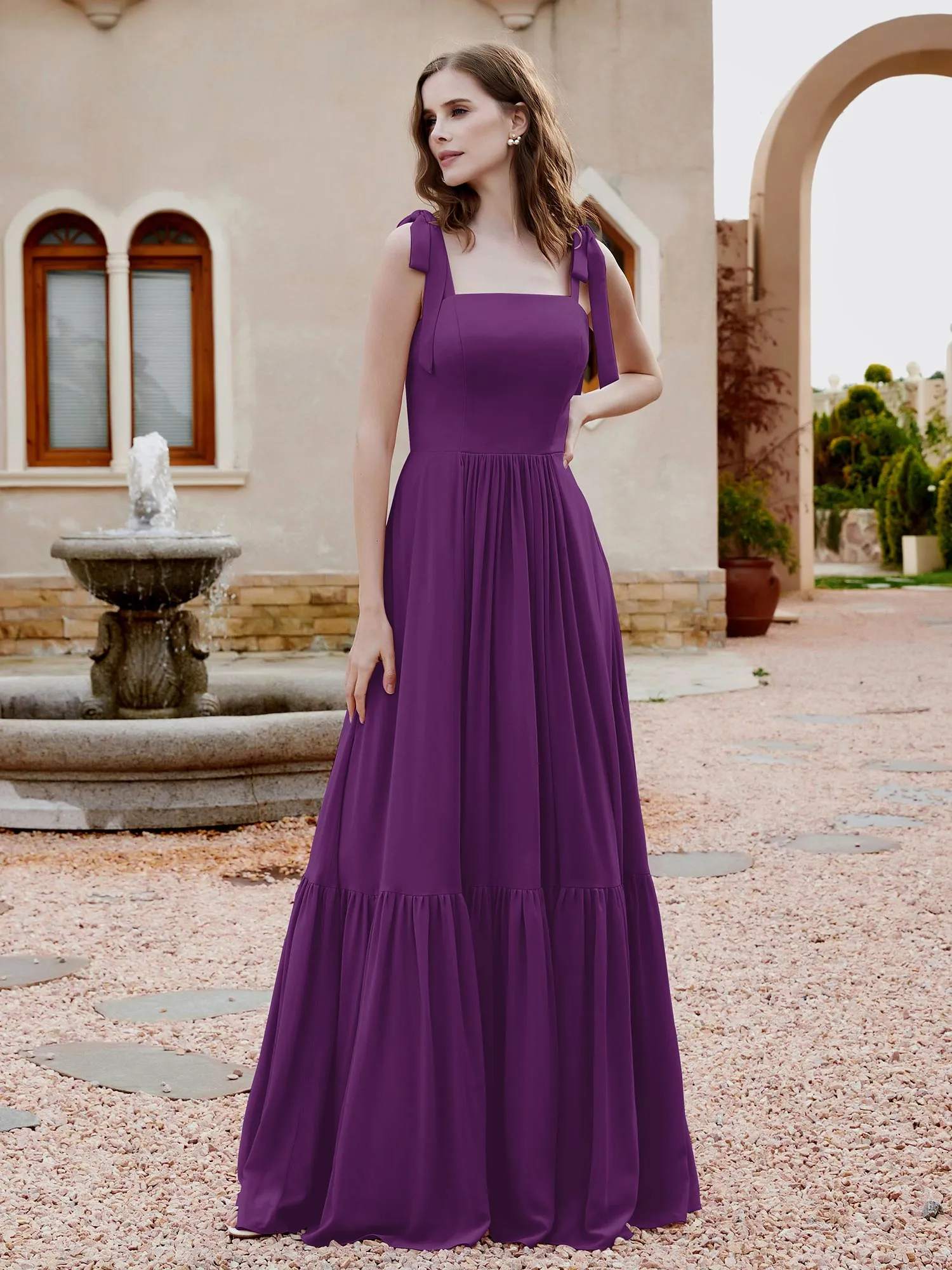 A-Line Bow Ruffle Sleeveless Chiffon Dress Grape Plus Size