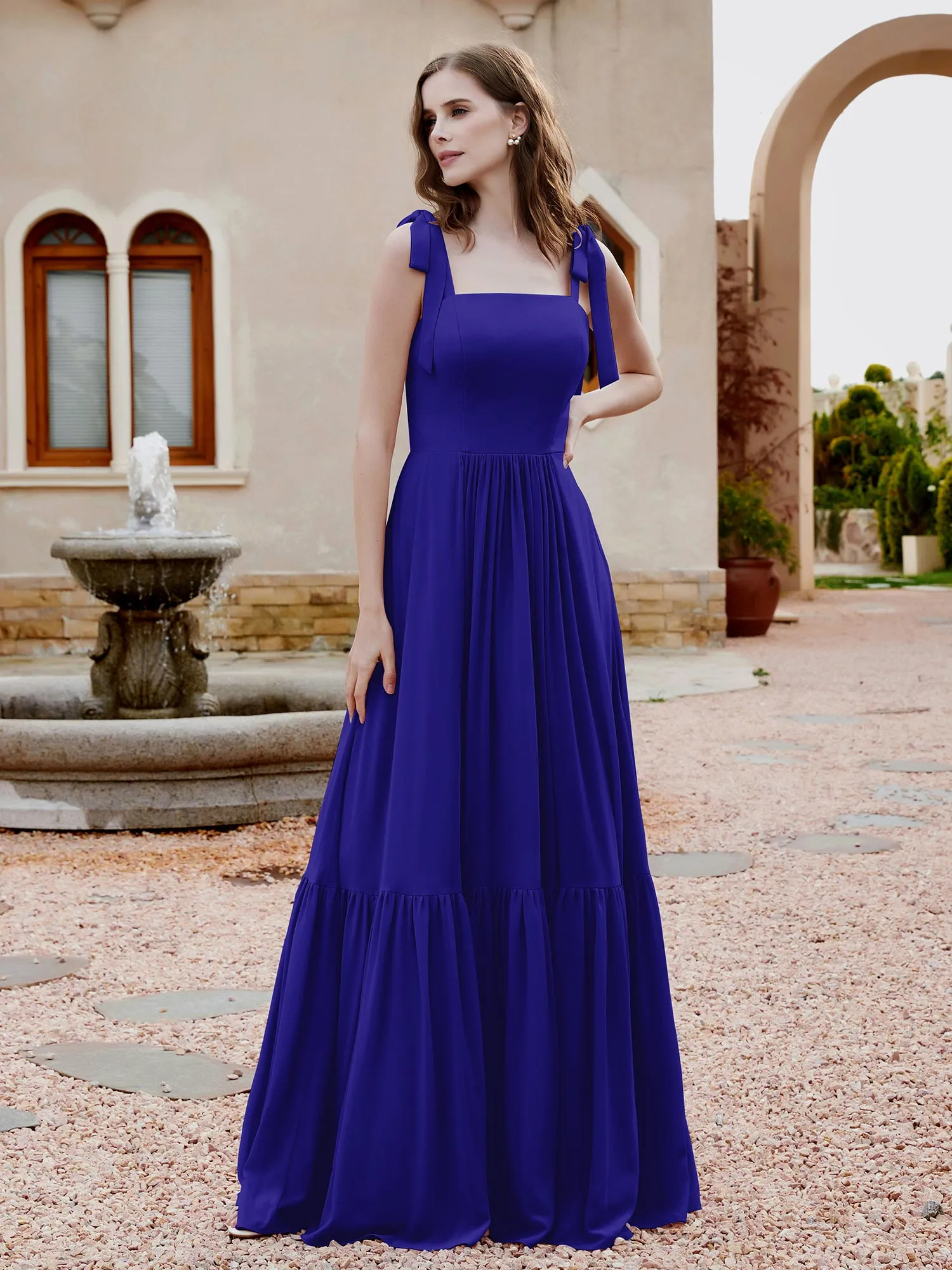 A-Line Bow Ruffle Sleeveless Chiffon Dress Royal Blue