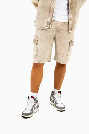 Acid Wash Beige Corduroy Cargo Shorts