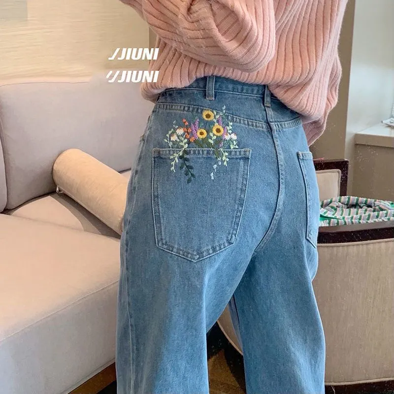 Aesthetic Floral Embroidered Flowers Pocket Jeans Casual Pants