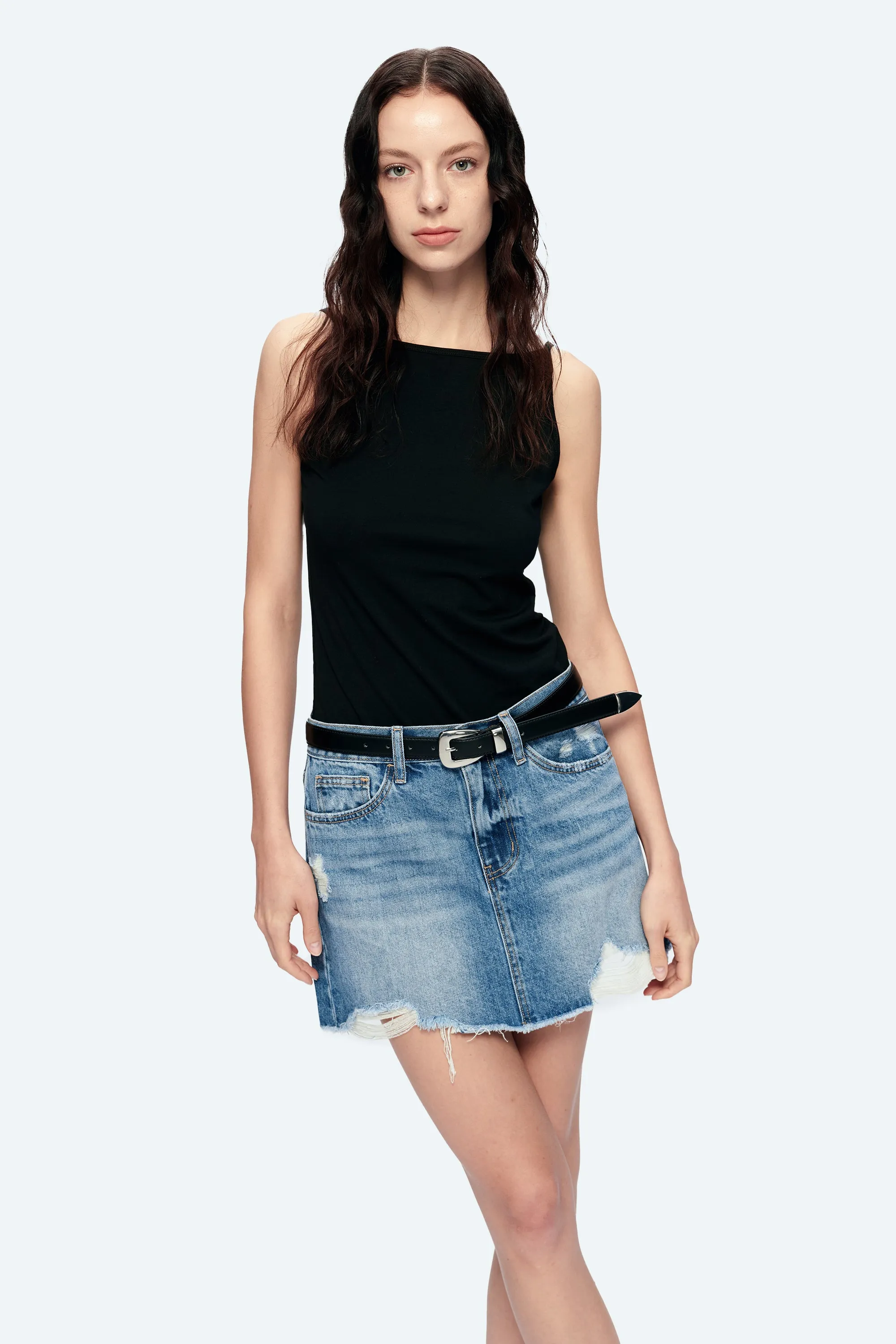 Anna Distressed Mini Denim Skirt