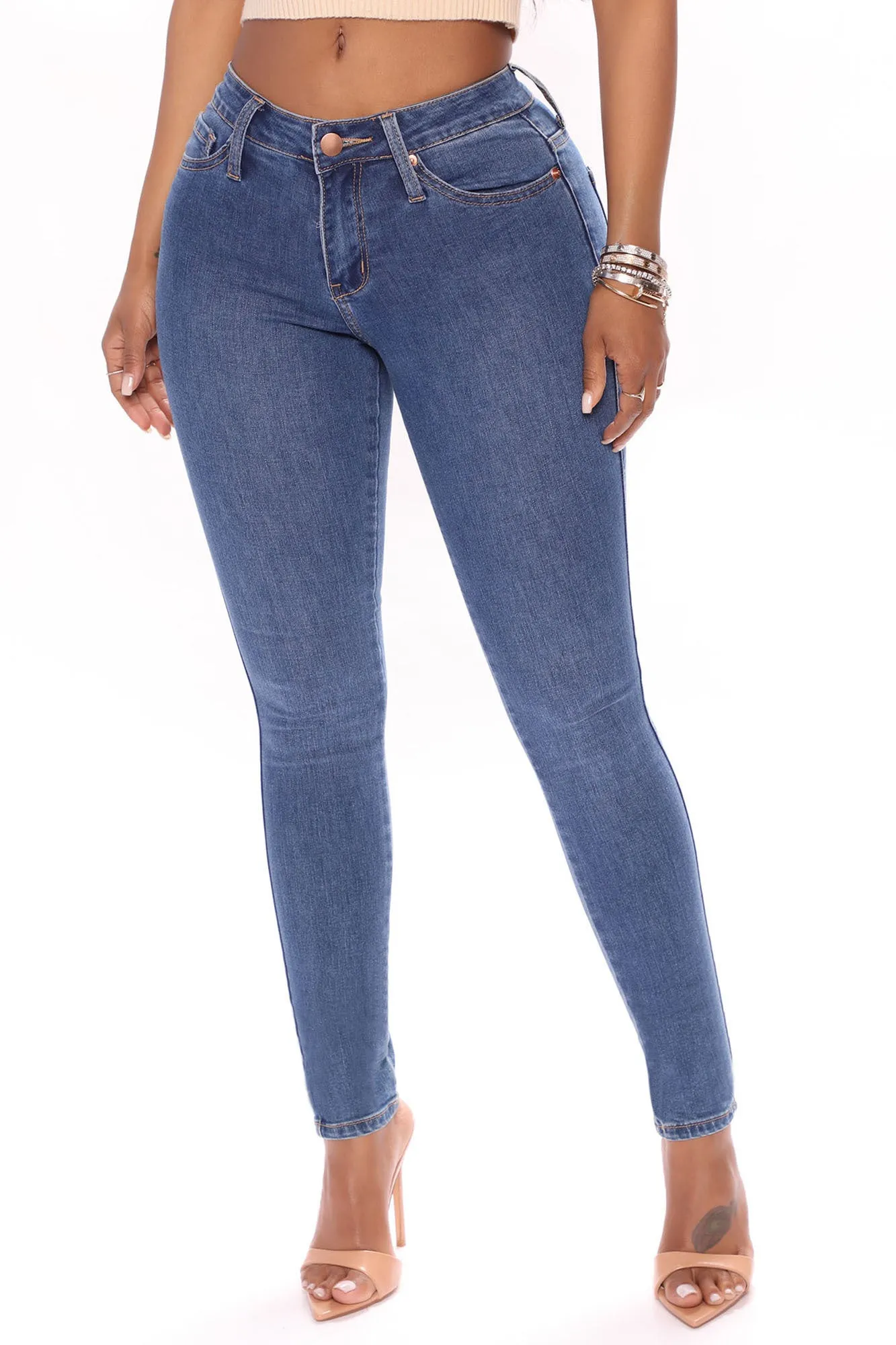 Anna Super Stretch Mid Rise Skinny Jeans - Medium Blue Wash