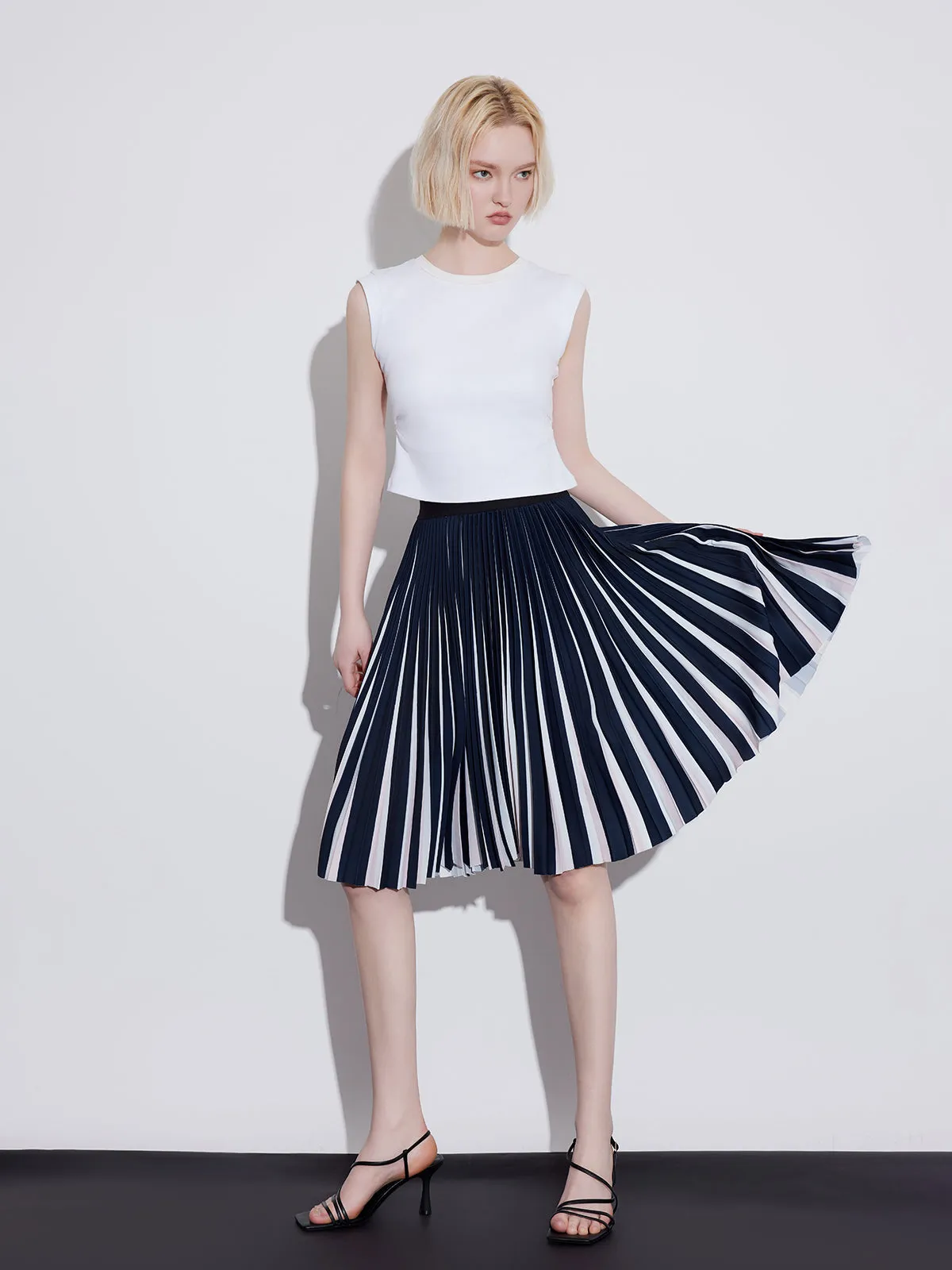 ASOBIO Pleated Striped Midi Skirt