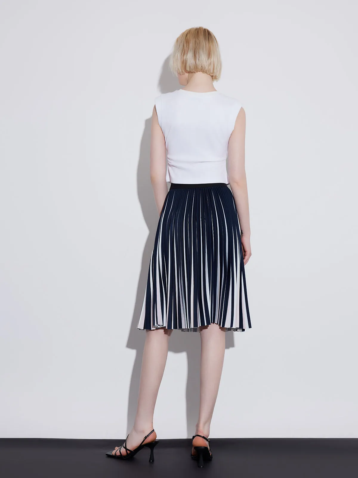 ASOBIO Pleated Striped Midi Skirt