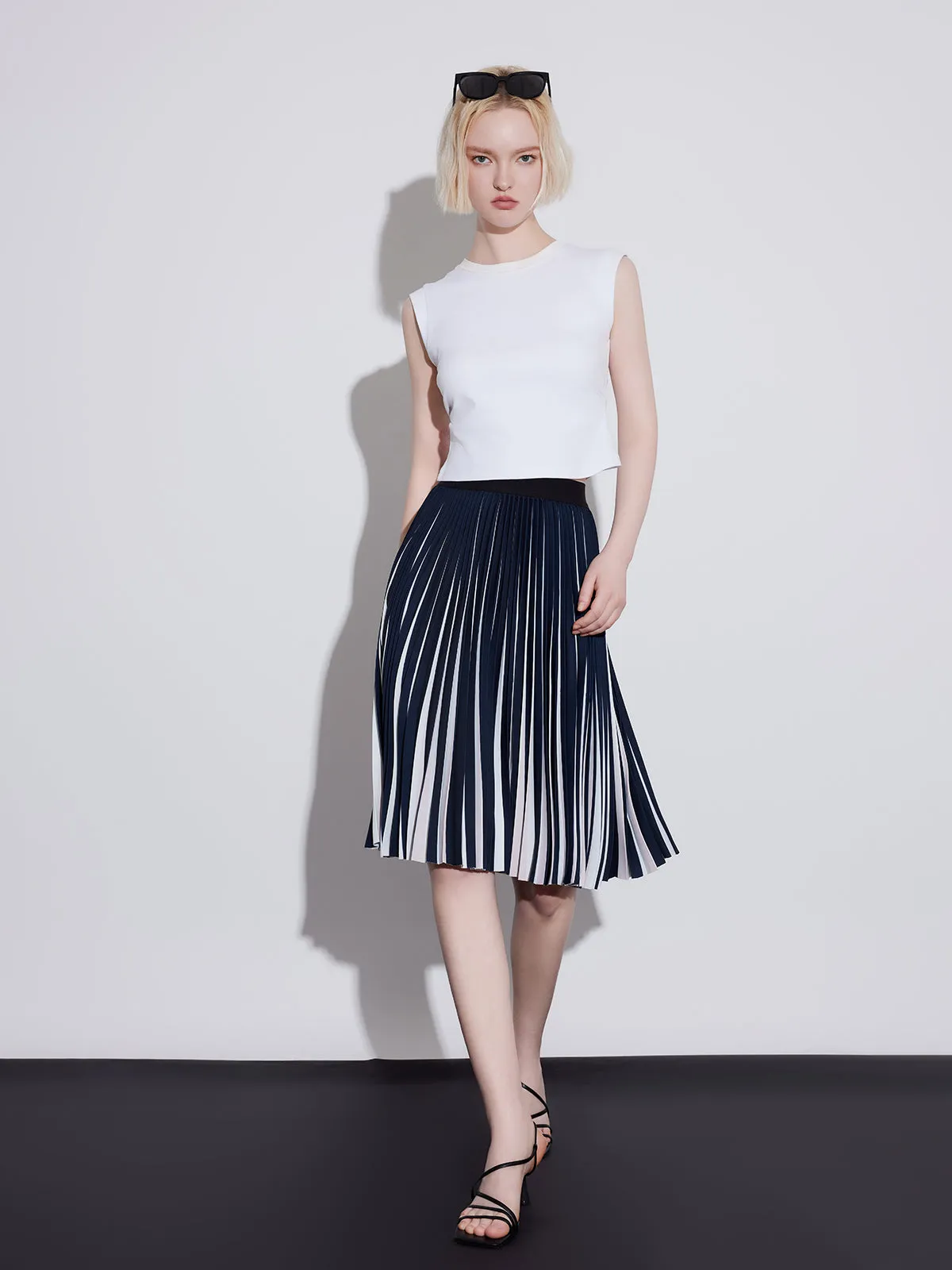 ASOBIO Pleated Striped Midi Skirt