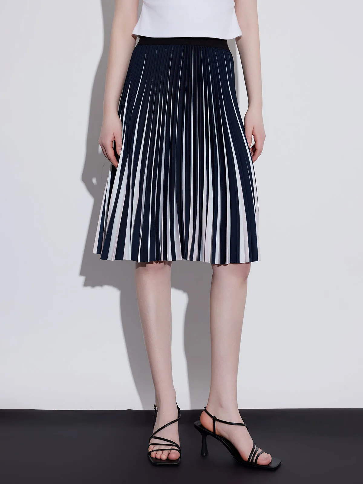 ASOBIO Pleated Striped Midi Skirt