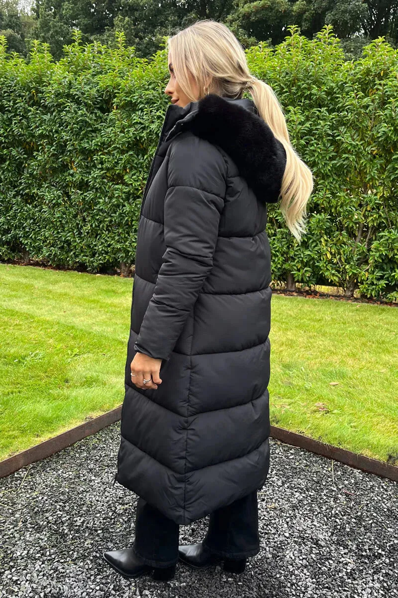 AX Paris Black Faux Fur Hooded Longline Padded Coat