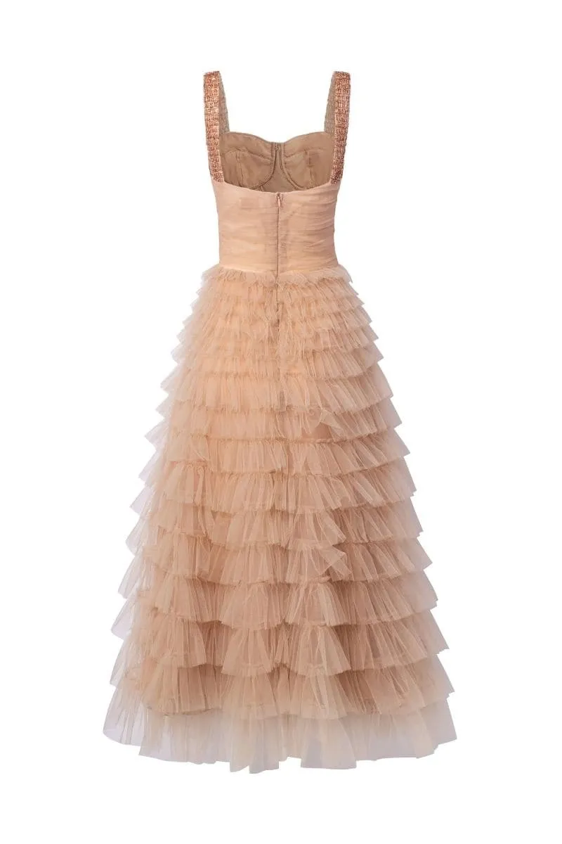 BEIGE LAURENT TULLE LAYERED MAXI DRESS