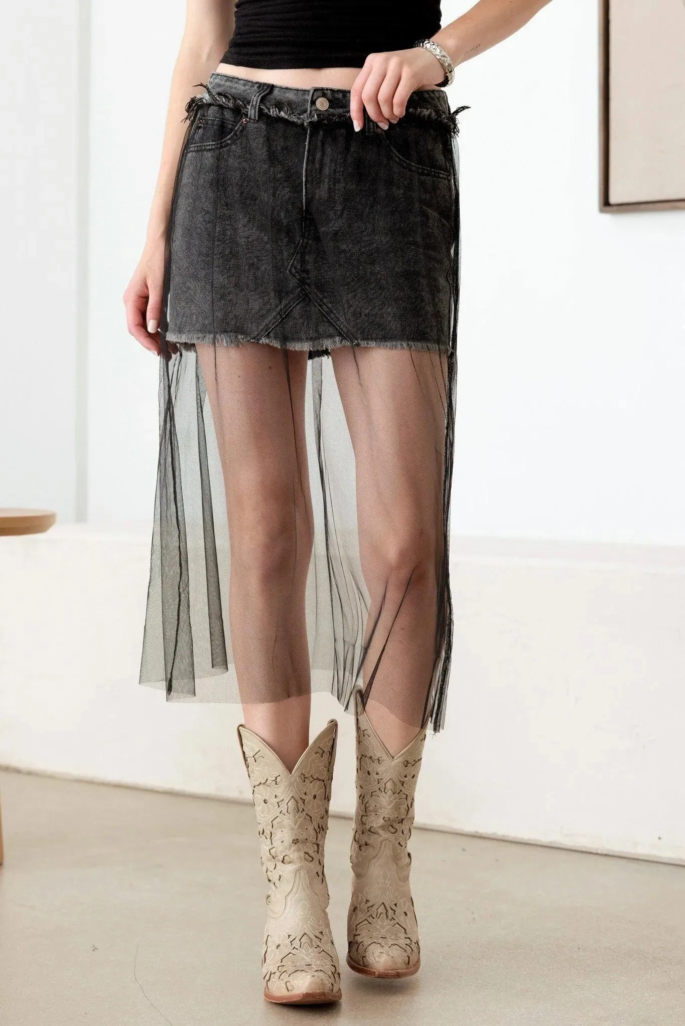 Black Frayed Hem Sheer Mesh Tulle Denim Mini Skirt