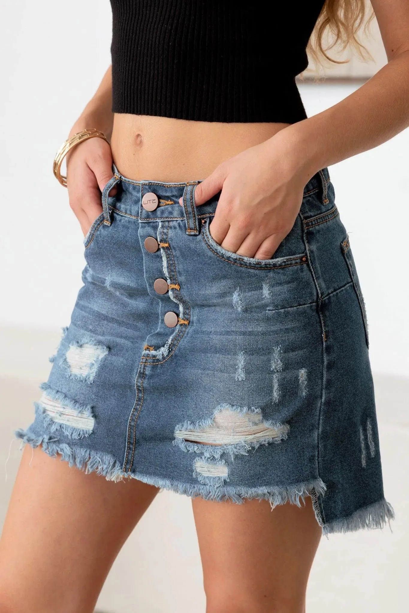 Blue Distressed Button Down Ripped Denim Mini Skirt