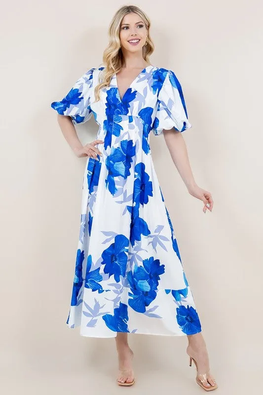 Blue Floral Print Short Bubble Sleeve V-Neck Dress