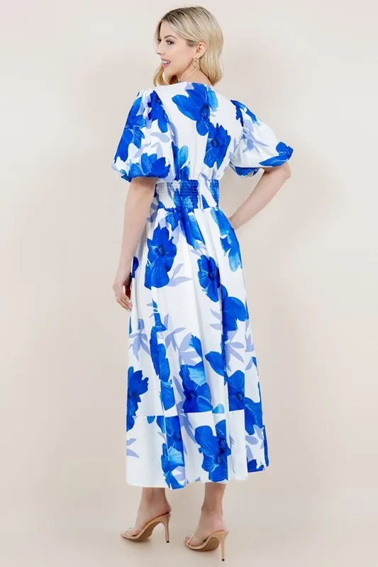 Blue Floral Print Short Bubble Sleeve V-Neck Dress