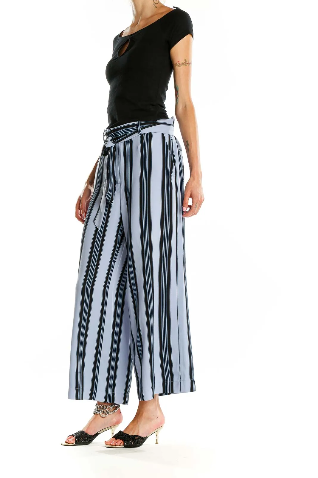 Blue Striped Wide-Leg Trousers