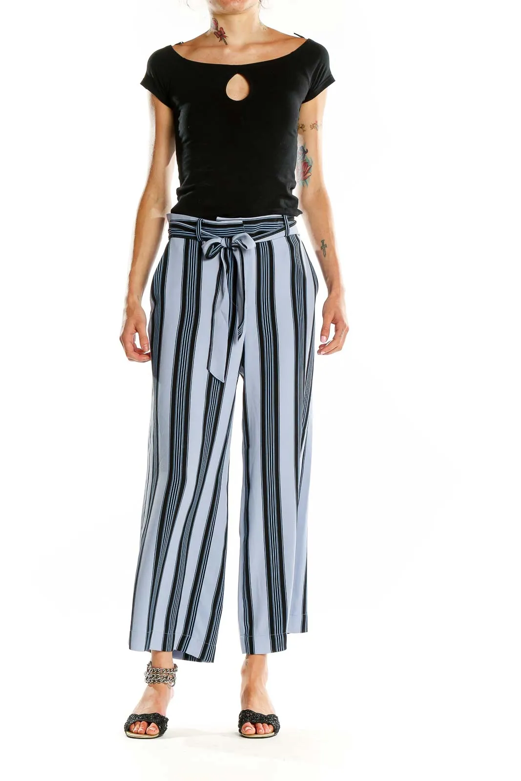 Blue Striped Wide-Leg Trousers