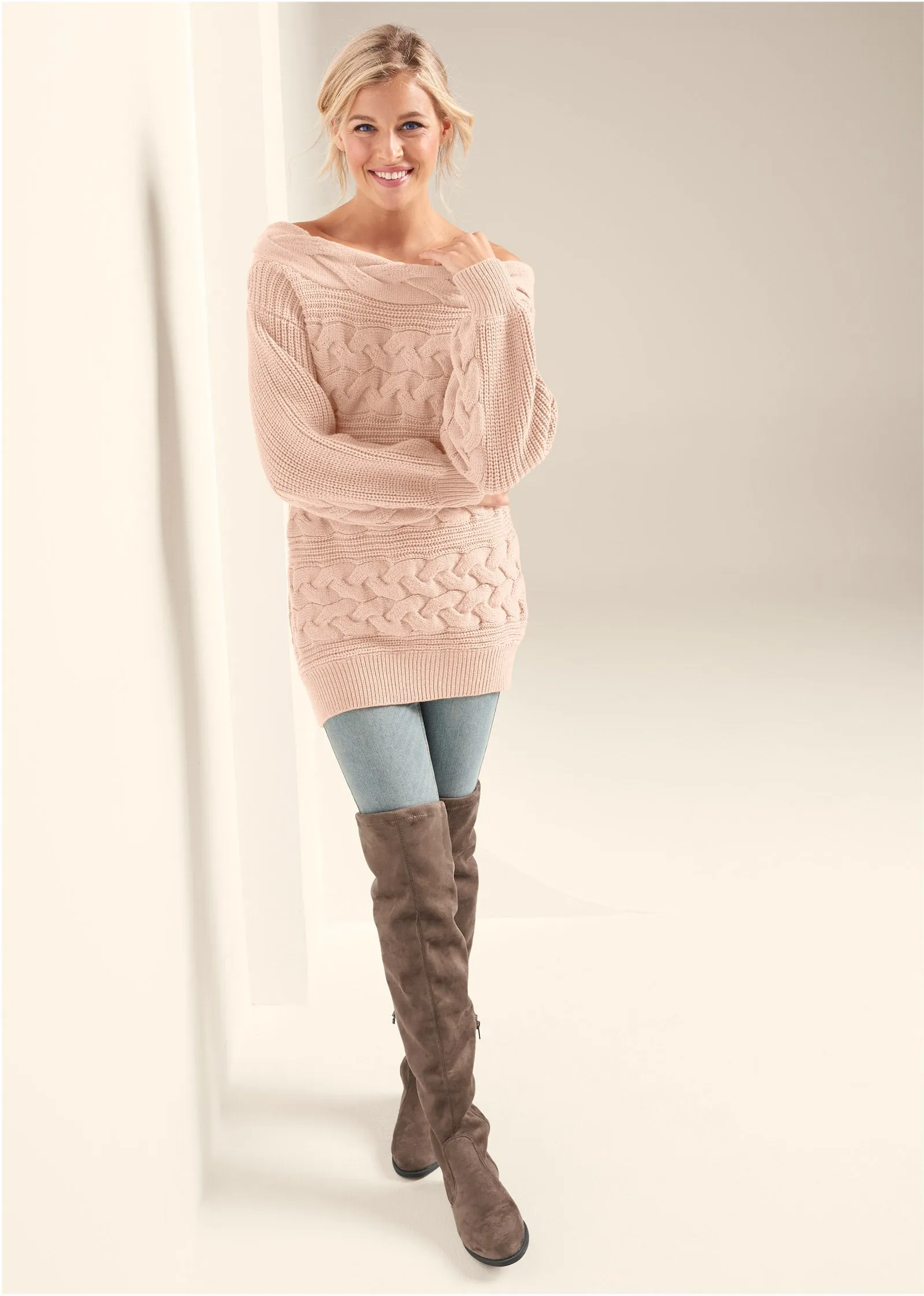 Boatneck Cable Knit Sweater - Peach