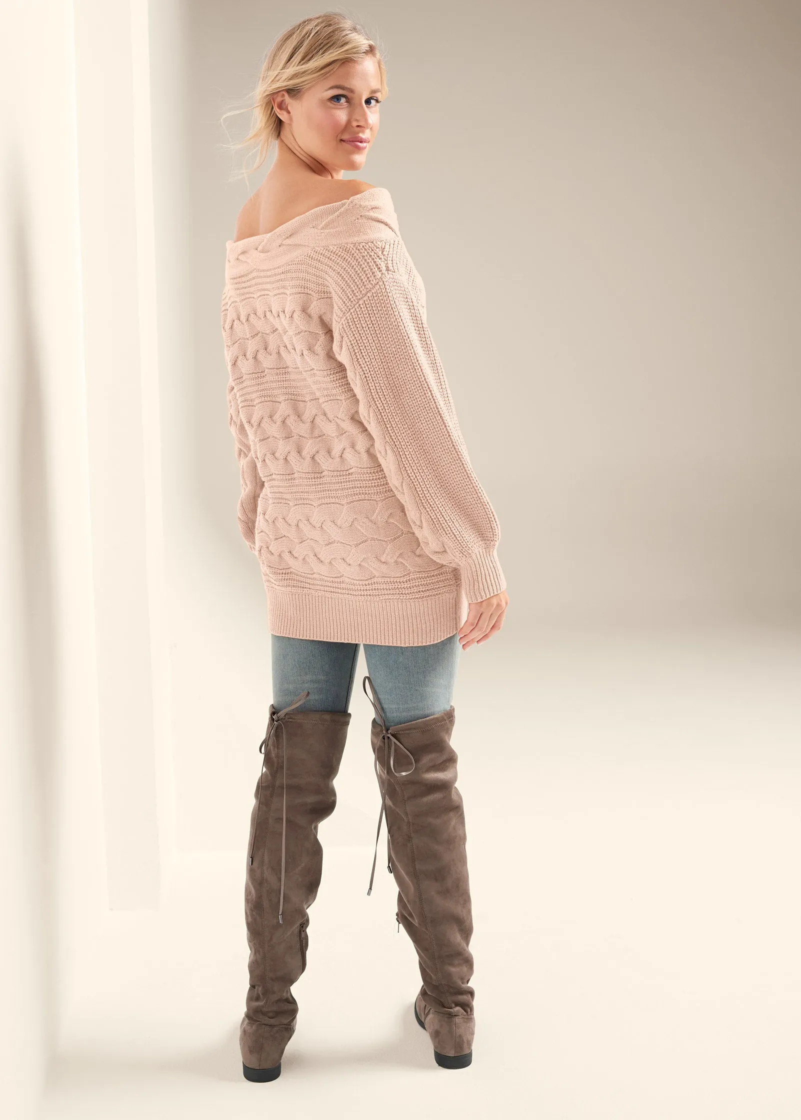 Boatneck Cable Knit Sweater - Peach