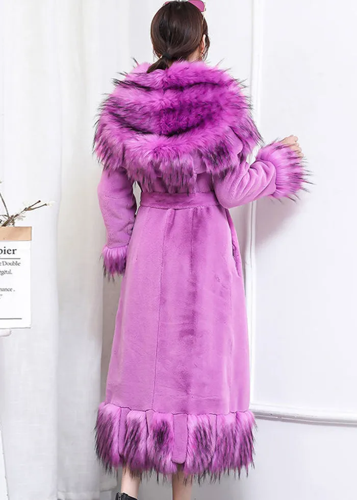 Boho Purple Fur Collar Patchwork Tie Waist Faux Fur Long Coat Winter LY9387