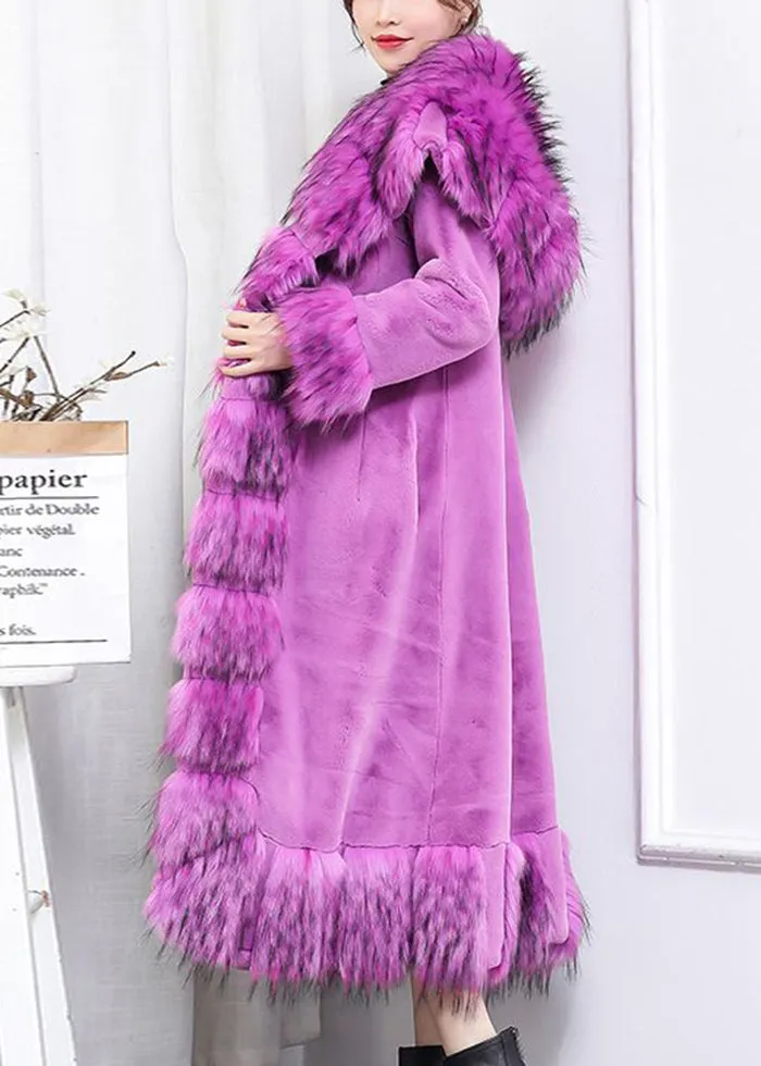 Boho Purple Fur Collar Patchwork Tie Waist Faux Fur Long Coat Winter LY9387