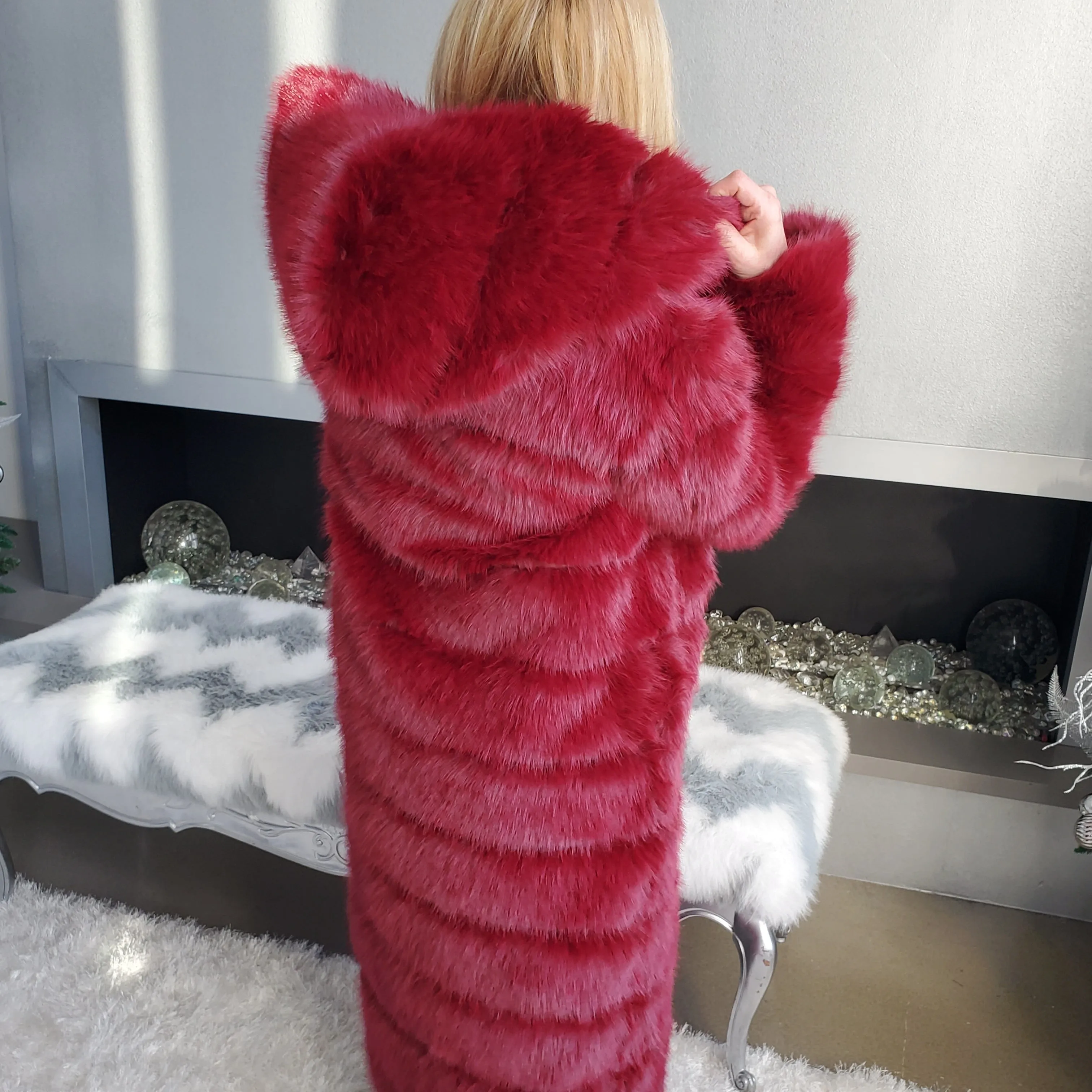 Burgundy Elegant Luxury Faux Fur Hooded Long Coat