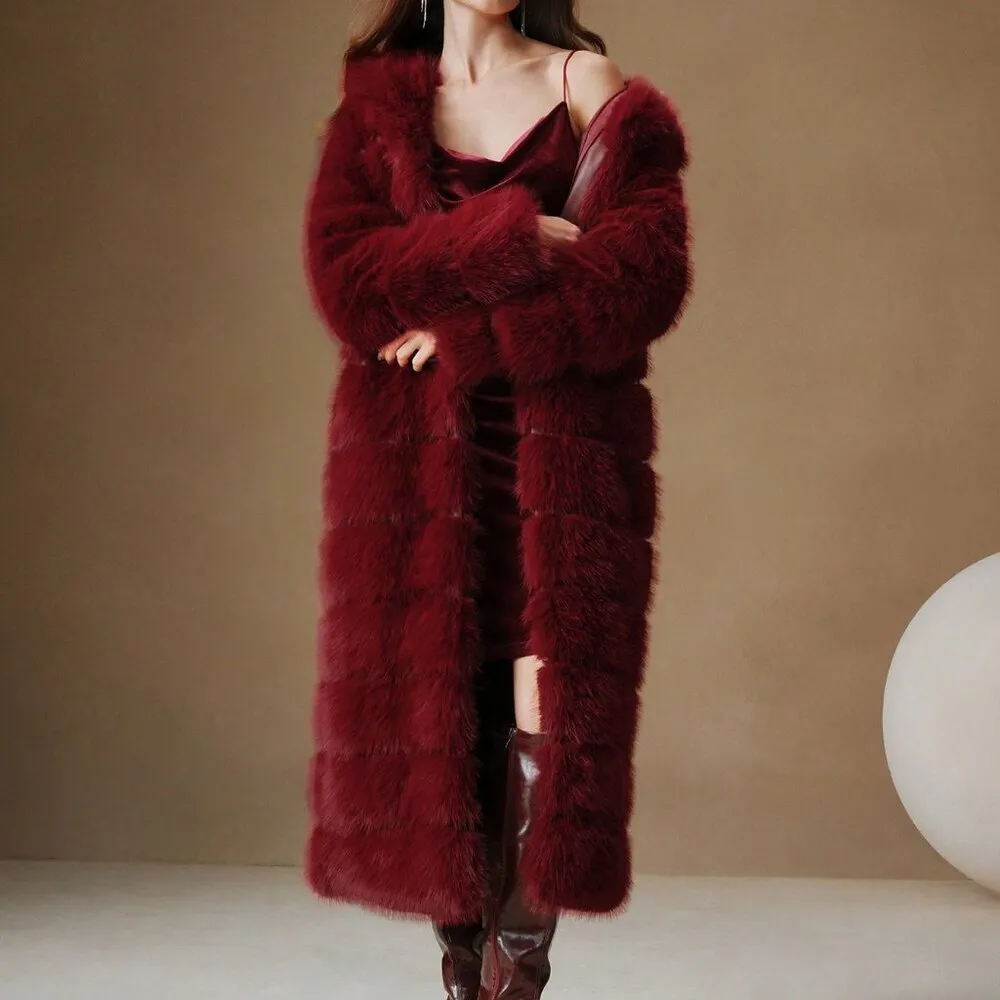 Burgundy Elegant Luxury Faux Fur Hooded Long Coat