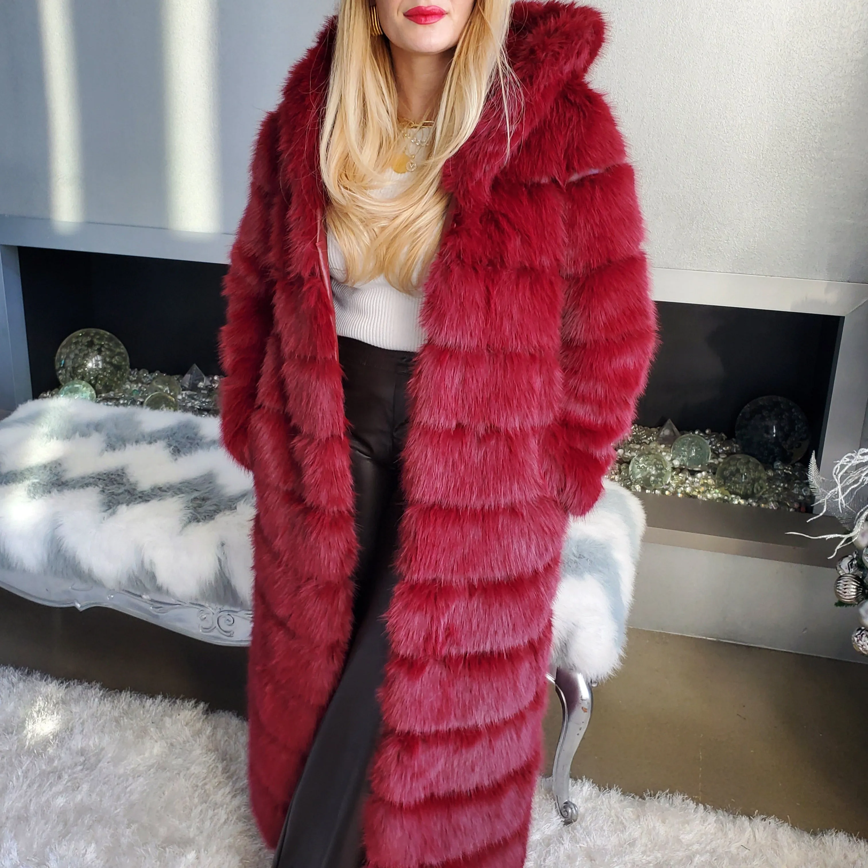 Burgundy Elegant Luxury Faux Fur Hooded Long Coat