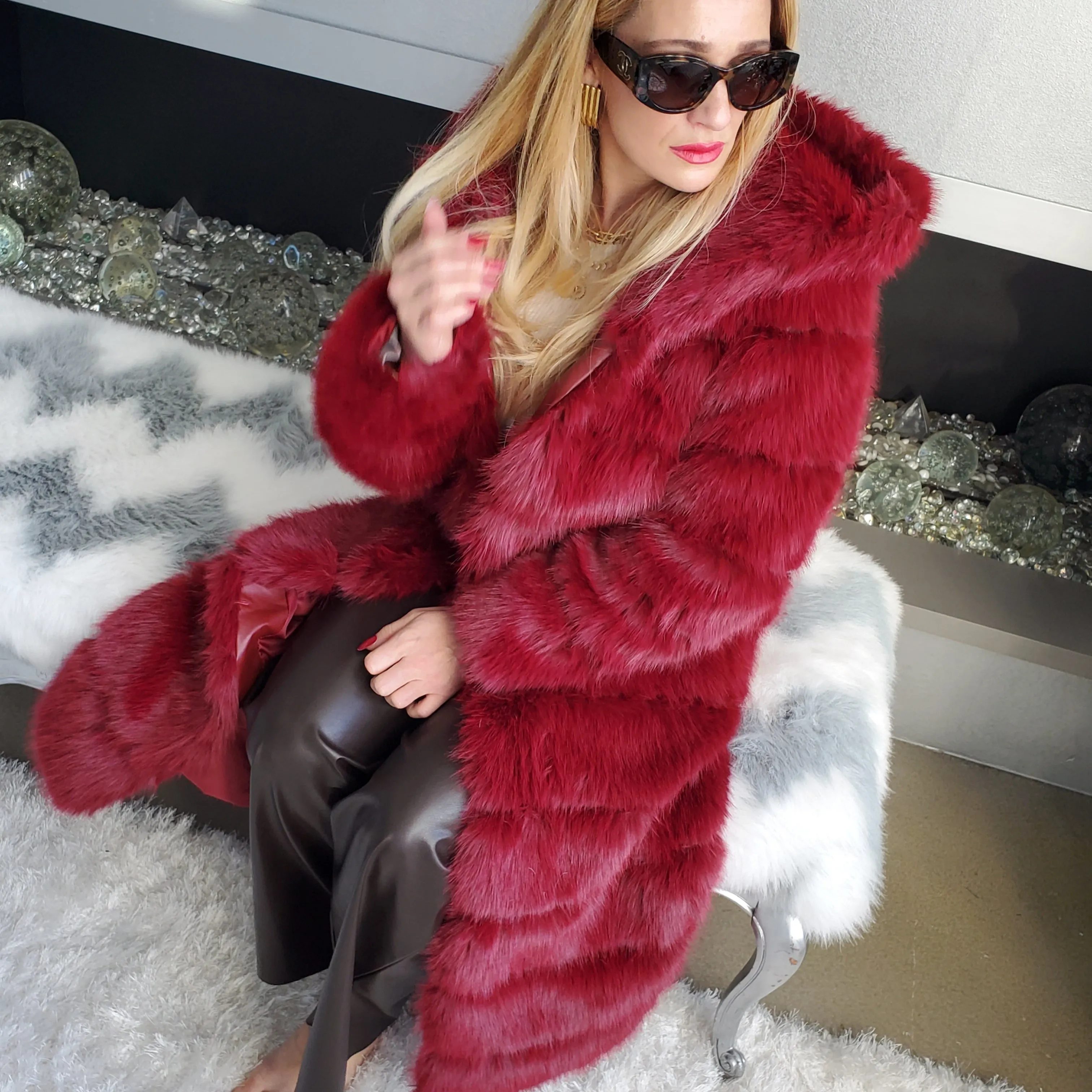 Burgundy Elegant Luxury Faux Fur Hooded Long Coat