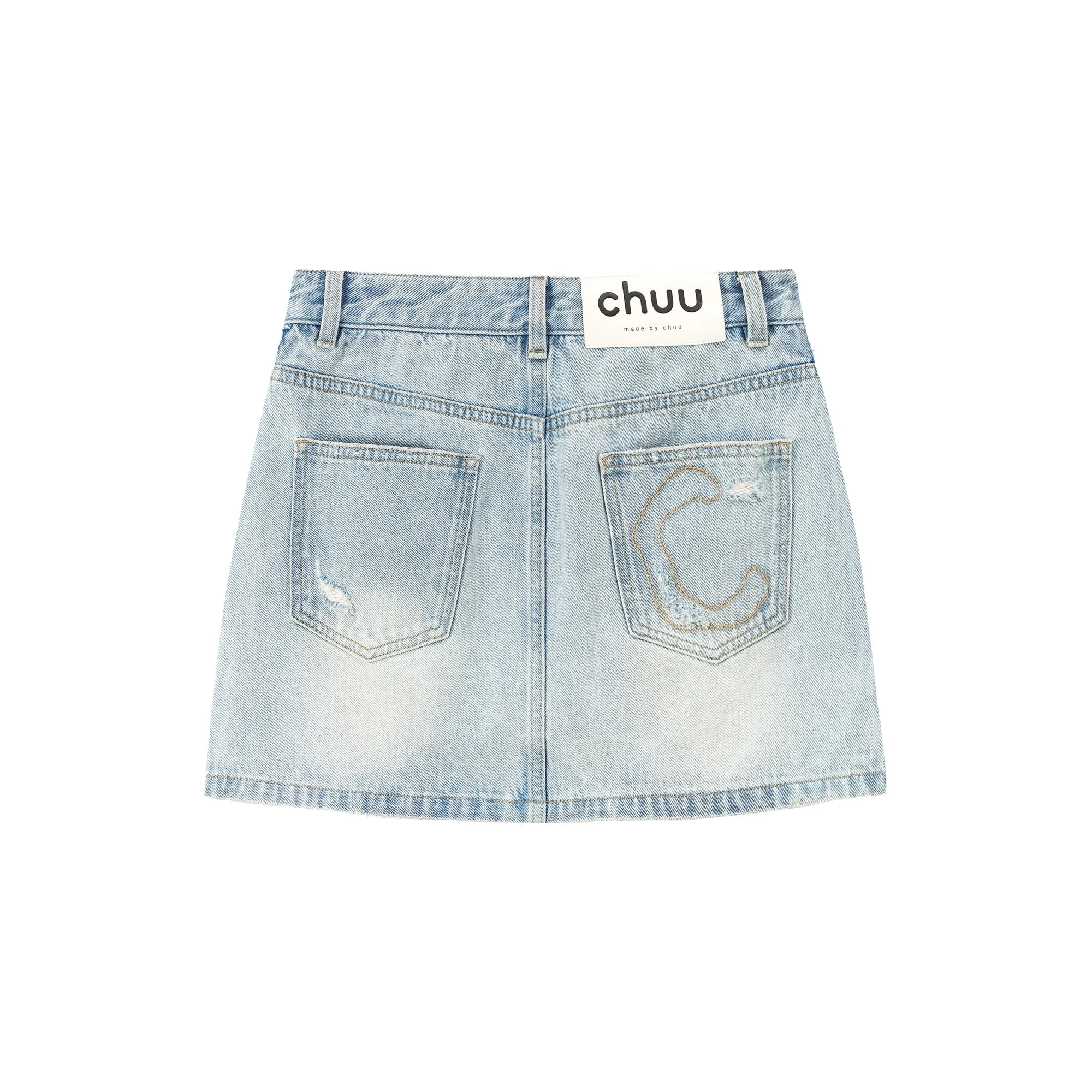 Button-Washed Distressed Denim Mini Skirt