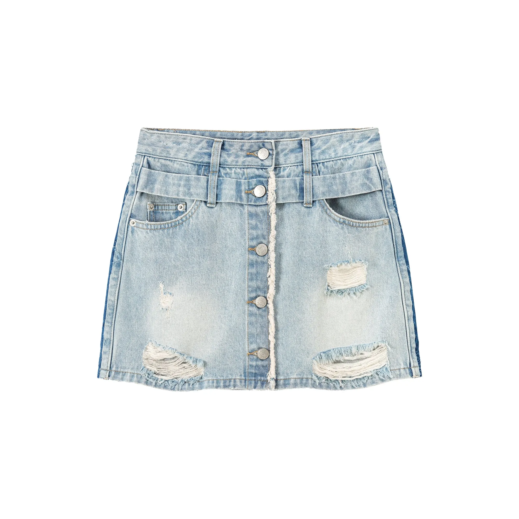 Button-Washed Distressed Denim Mini Skirt