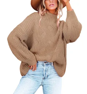 BWQ Women's 2024 Fall Oversized Pullover Sweaters Loose Casual Crewneck Long Sleeve Chunky Soft Cable Knit Blouse Tops Khaki XXL