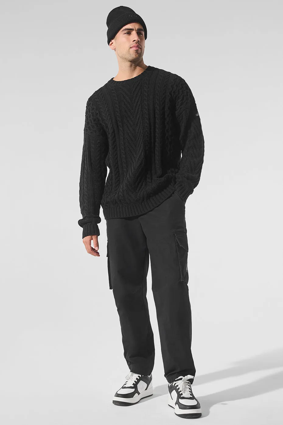 Cable Knit Crew Neck Sweater - Black