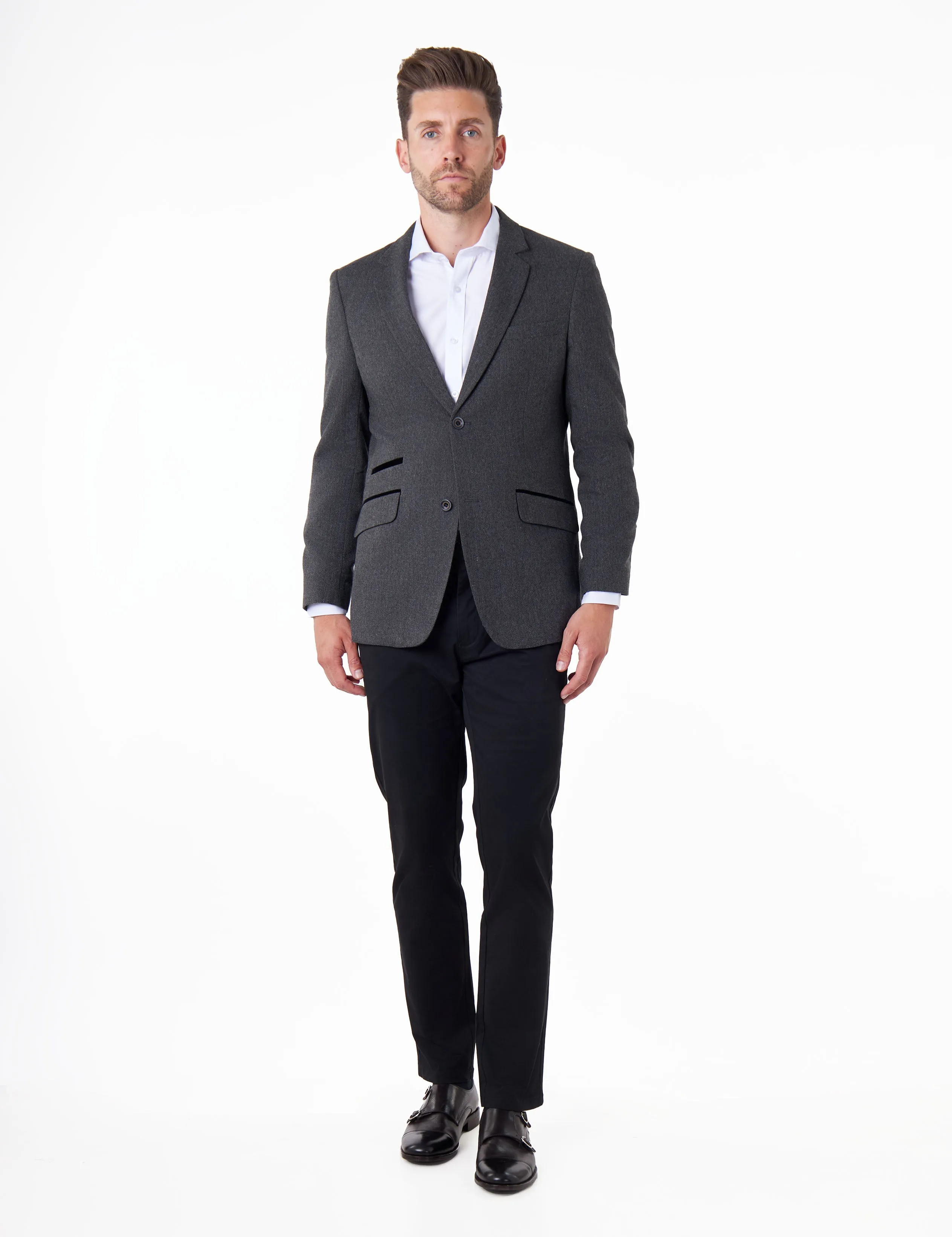 CALIX – Wool Mix Herringbone Tailored Dark Grey Blazer