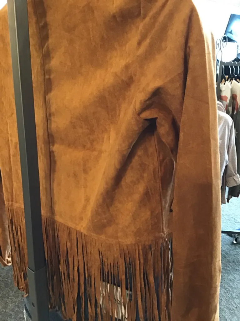 Camel Fringed Laser Cut Faux Suede Blazer - SML