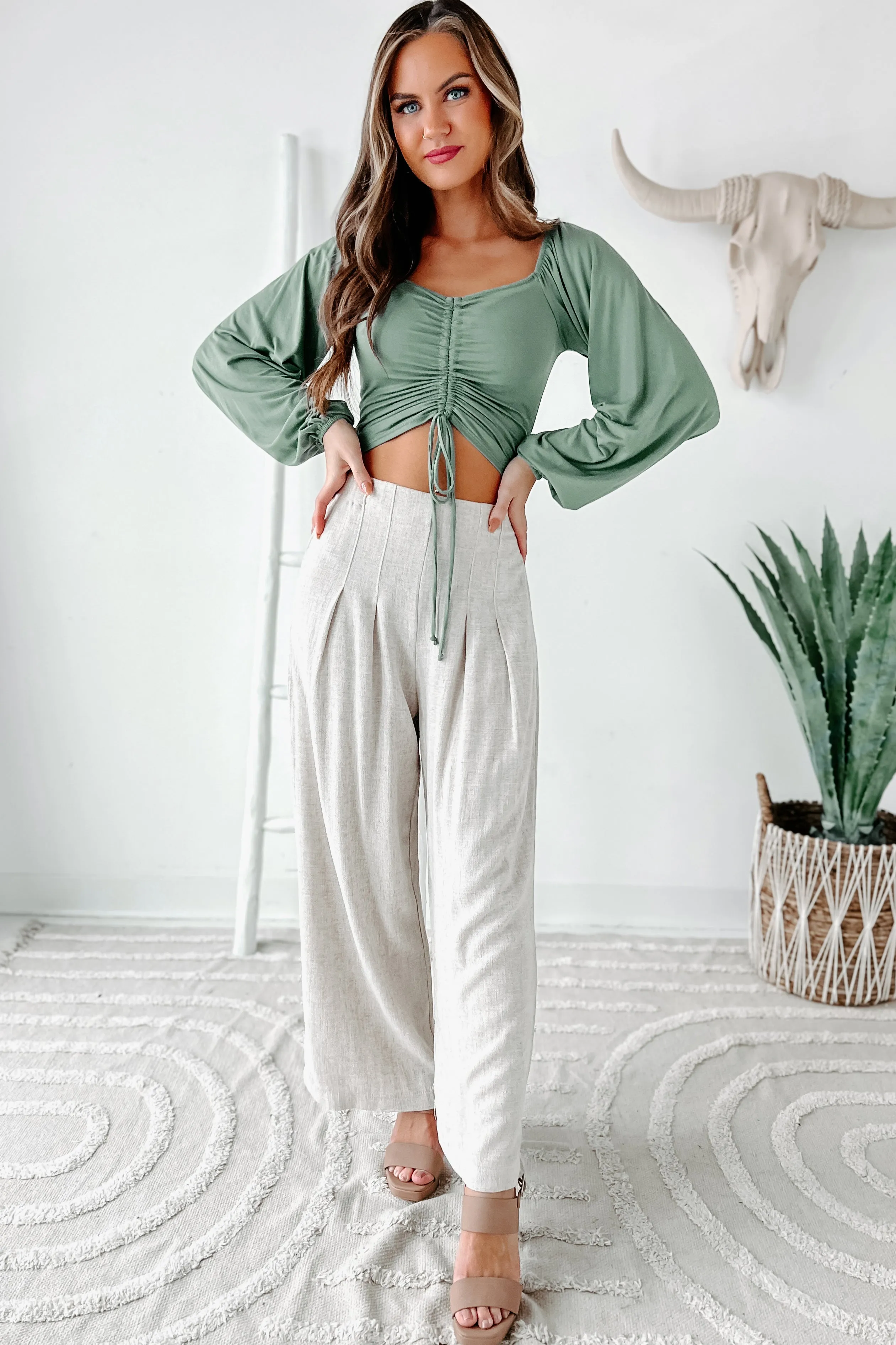 Can't Be Tempted High Waisted Cropped Linen Pants (Oatmeal)