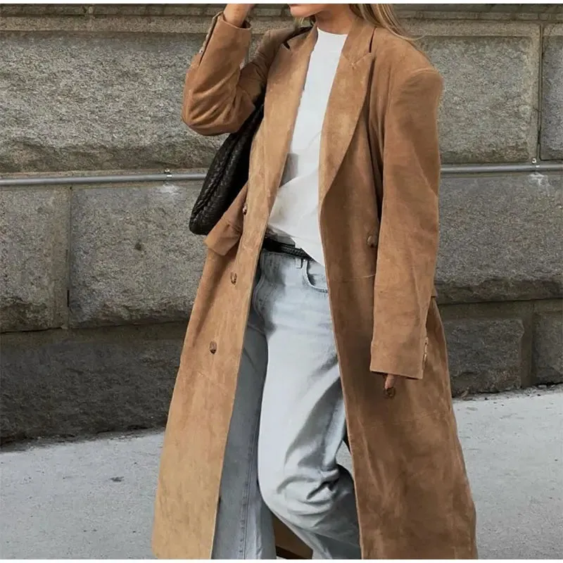 Chic long khaki suede trench coat long autumn coat fall long coat