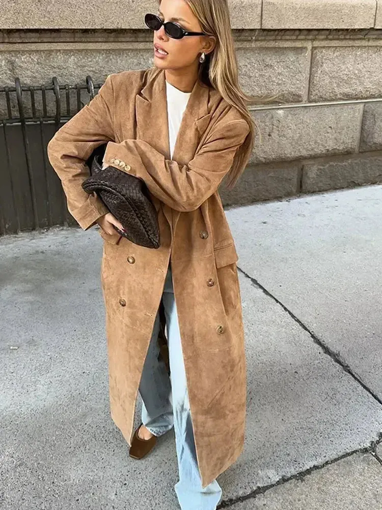 Chic long khaki suede trench coat long autumn coat fall long coat