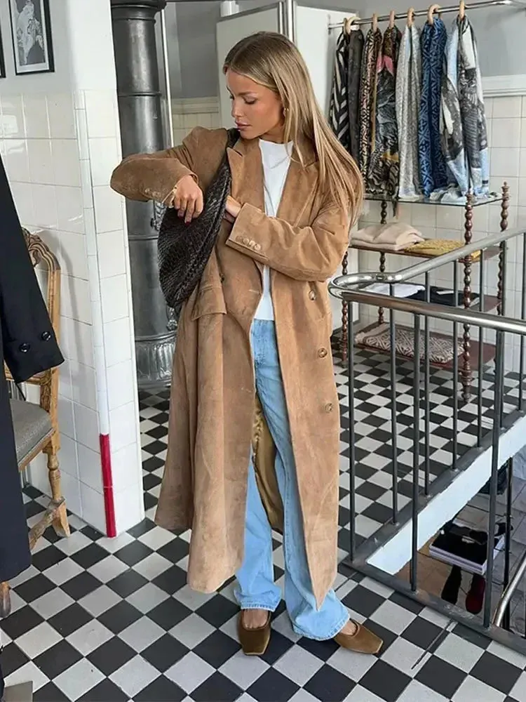 Chic long khaki suede trench coat long autumn coat fall long coat