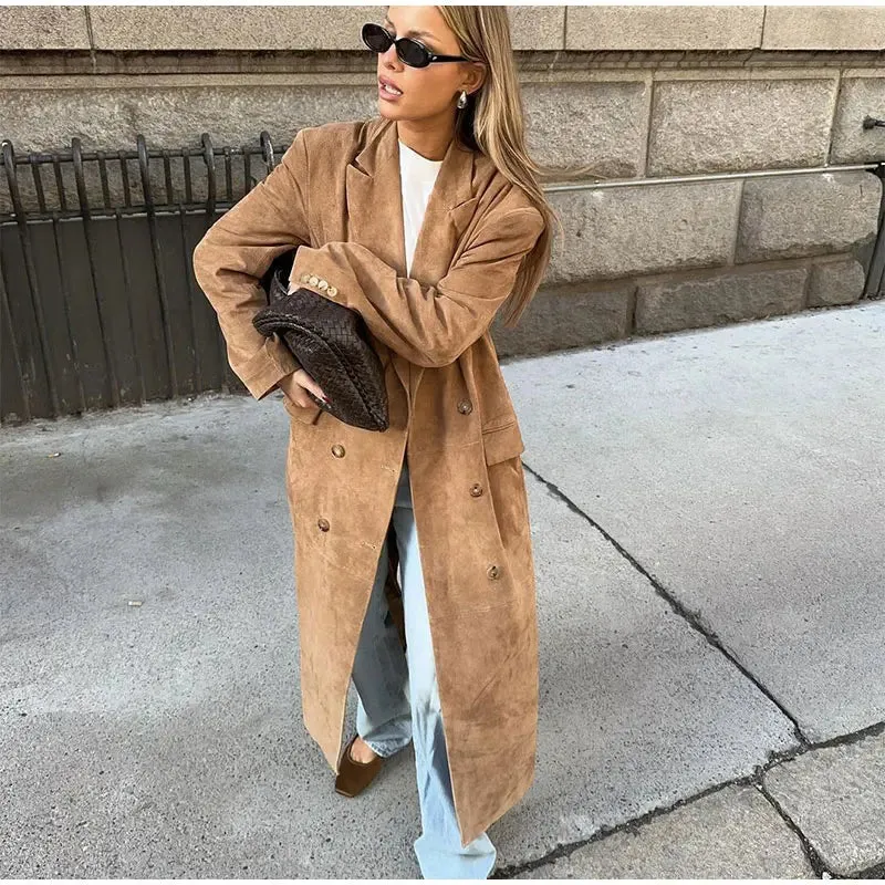 Chic long khaki suede trench coat long autumn coat fall long coat