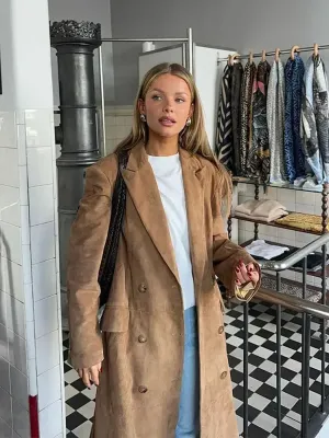 Chic long khaki suede trench coat long autumn coat fall long coat