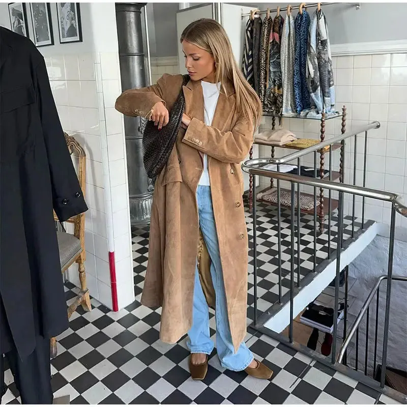 Chic long khaki suede trench coat long autumn coat fall long coat