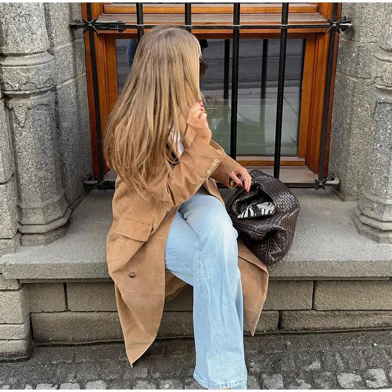 Chic long khaki suede trench coat long autumn coat fall long coat