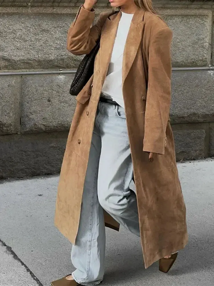 Chic long khaki suede trench coat long autumn coat fall long coat