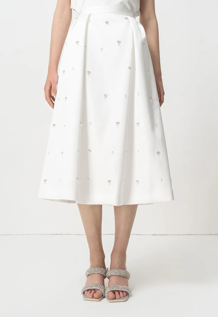 Choice Embellished Rhinestone Pleated Midi Skirt Offwhite