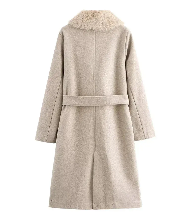 Classy high quality Faux Fur Lapel Collar Long Sleeves Belted peacoat trench coat