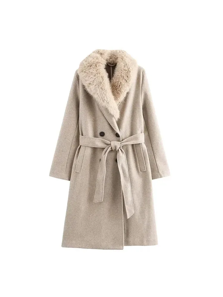 Classy high quality Faux Fur Lapel Collar Long Sleeves Belted peacoat trench coat